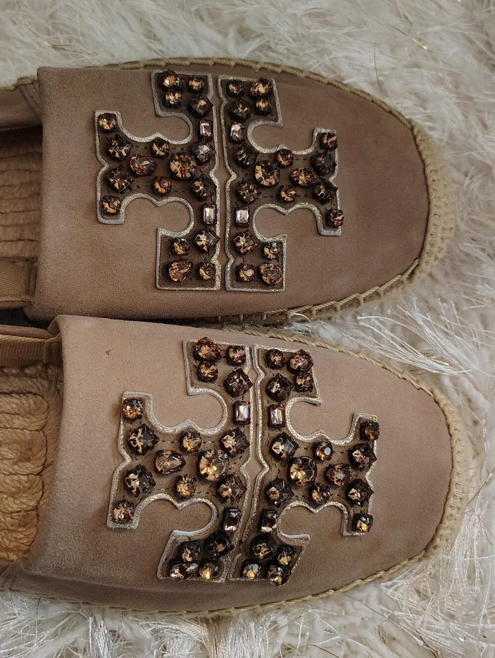 Tory Burch Beige Suede Espadrille Slip-Ons with Embellished Logo New never Worn